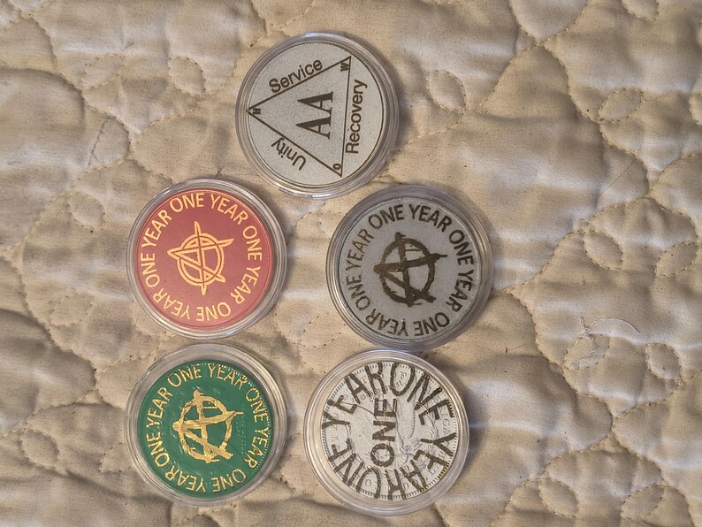 1 year sobriety coin made from a feau gold coin engraved. I can paint them any color. I ship for exactly what it costs me. image 17