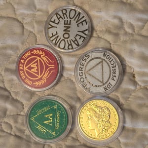 1 year sobriety coin made from a feau gold coin engraved. I can paint them any color. I ship for exactly what it costs me. image 18
