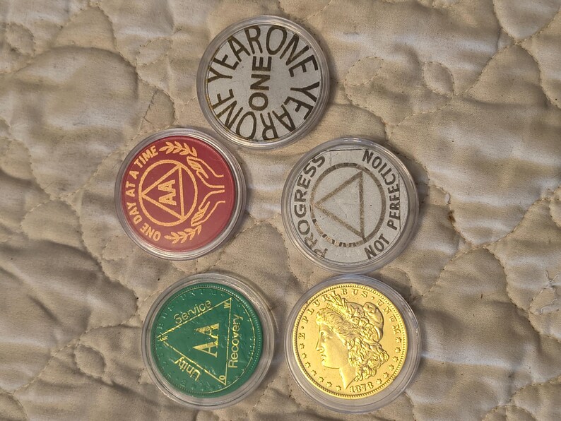 1 year sobriety coin made from a feau gold coin engraved. I can paint them any color. I ship for exactly what it costs me. image 18