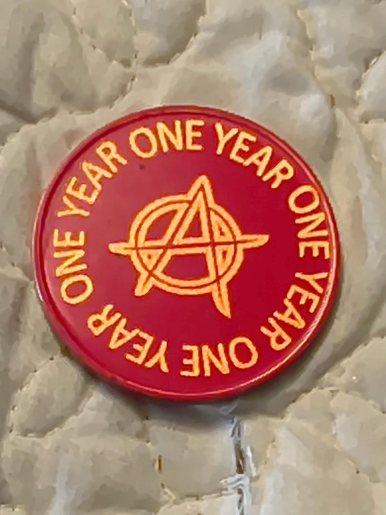 1 year sobriety coin made from a feau gold coin engraved. I can paint them any color. I ship for exactly what it costs me. image 1