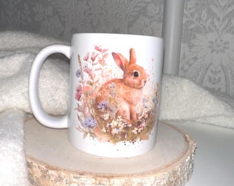 Akvarell kaninmugg | Söt kaninkaffekopp | Mugg med konstnärlig djurillustration | Gåva för kaninälskare och trädgårdsmästare | Keramisk kaninmugg