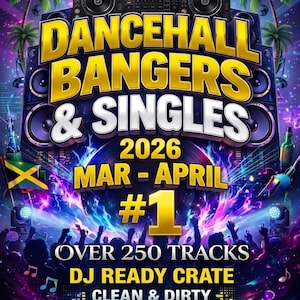 May include: A poster advertising a dancehall music compilation, "Dancehall Bangers & Singles 2026." The design features DJ equipment, palm trees, and the Jamaican flag against a purple and blue background. The poster promotes over 250 tracks available.