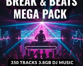 May include: A promotional image for a DJ music collection. The image features a DJ silhouetted against a backdrop of neon lights and a crowd. Text at the top reads "BREAK & BEATS MEGA PACK." Below, it states "350 TRACKS 3.8GB DJ MUSIC COLLECTION INSTANT DOWNLOAD."