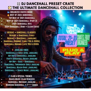 Op de afbeelding: Een DJ mixt muziek met een mengpaneel. De afbeelding bevat tekst met "DJ Dancehall Preset Crate" en "The Ultimate Dancehall Collection". De afbeelding toont verschillende dancehall muziek categorieën en thema's.