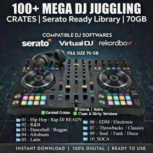 May include: A black DJ controller with a pair of headphones on top. The controller has two turntables, a mixer, and numerous buttons and knobs. Text on the image reads "100+ MEGA DJ JUGGLING CRATES | Serato Ready Library | 70GB". Compatible with Serato, Virtual DJ, and Rekordbox software.