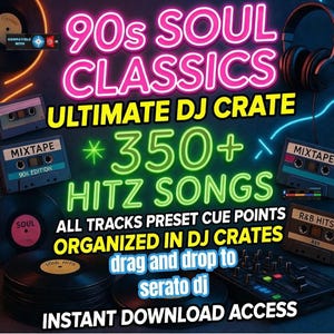 Può includere: Immagine promozionale per una collezione di musica DJ con il testo "90s Soul Classics" e "Ultimate DJ Crate". L'immagine include musicassette, dischi in vinile e un mixer per DJ, con il testo "350+ Hitz Songs".