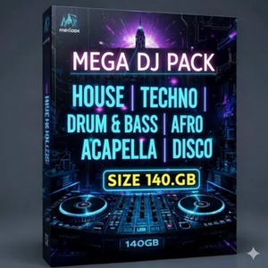 Puede incluir: Caja de producto con fondo oscuro y gráficos en azul neón y púrpura. El texto "MEGA DJ PACK" está en la parte superior, con géneros musicales listados debajo. El tamaño se indica como 140 GB.