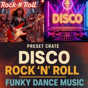 Puede incluir: Composición de arte digital con una mujer tocando una guitarra eléctrica roja y la inscripción "Rock 'N' Roll". La imagen también incluye una escena de discoteca con una configuración de DJ y la palabra "DISCO" en luces de neón. También está presente el texto "FUNKY DANCE MUSIC".