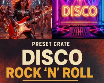 May include: A digital art composition featuring a woman playing a red electric guitar with the words "Rock 'N' Roll" above her. The image also includes a disco scene with a DJ setup and the word "DISCO" in neon lights. The text "FUNKY DANCE MUSIC" is also present.