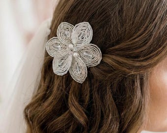 Bridal Beaded Flower Hair Comb, Handmade Pearl and Crystal Wedding Headpiece