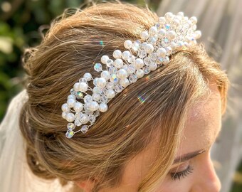Kristall und Perle Braut Tiara, klassische Hochzeit Haarschmuck, Geschenk für die Braut