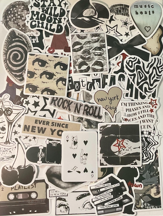 Y2K Black White Sticker Pack 10-50PCS, Vinyl Decals for Laptop Water Bottle Scrapbooks Journals