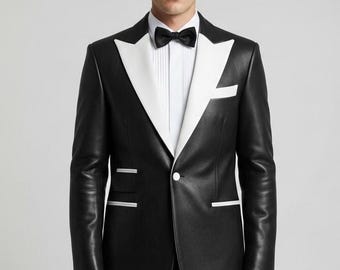 May include: A black leather tuxedo jacket with a white satin shawl lapel, a white pocket square, and white trim on the pockets. The jacket is paired with a white dress shirt and a black bow tie.