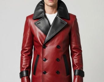 May include: A red leather coat with a black collar and accents. The double-breasted coat features a wide collar, black buttons, and black trim on the pockets and cuffs. The coat is a classic style.