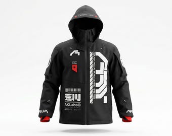 Può includere: Giacca con cappuccio nera con dettagli bianchi e rossi. Presenta il testo "LOCK-IN" sul cappuccio e "AKLabs" e "ARAKAWA RACING TEAM" sul davanti. Include un codice a barre e caratteri giapponesi. Polsini rossi.