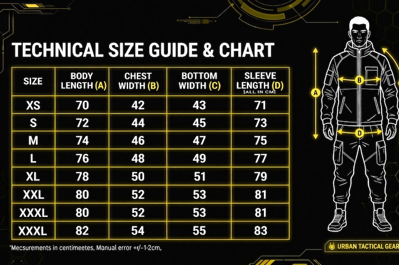 Pu&ograve; includere: Una guida alle taglie e una tabella tecniche per l'abbigliamento, con misure in centimetri. La tabella include le taglie XS a XXXL, che dettagliano la lunghezza del corpo, la larghezza del petto, la larghezza inferiore e la lunghezza della manica. &Egrave; incluso anche un diagramma di una persona che indossa equipaggiamento tattico.