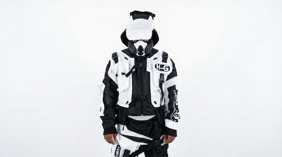 White Techwear Jacket Cyberpunk Tactical Hooded Streetwear Utility Windbreaker Cosplay H.G.C-02/B.BW
