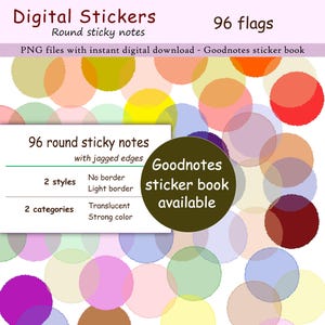 May include: Digital stickers featuring 96 flags, round sticky notes with jagged edges. The digital download includes PNG files for a Goodnotes sticker book. The stickers come in two styles: no border and light border, and two categories: translucent and strong color.