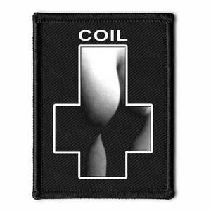 May include: Black rectangular patch with a white inverted cross design. The word "COIL" is printed in white at the top of the patch. The image inside the cross is a grayscale photograph.