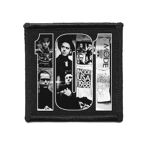 Könnte beinhalten: Schwarz-weißer Aufnäher mit der Zahl "101" und Bildern einer Band. Der Aufnäher enthält den Text "MODE USA 1988" und das Wort "MODE" vertikal wiederholt. Der Aufnäher hat einen schwarzen Rand.