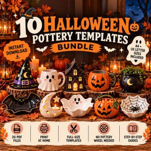 May include: A digital bundle of 10 Halloween pottery templates featuring text that reads 10 HALLOWEEN POTTERY TEMPLATES BUNDLE, INSTANT DOWNLOAD, and A4 + US LETTER SIZES INCLUDED. The image displays various ceramic items like mugs, bowls, and a house.