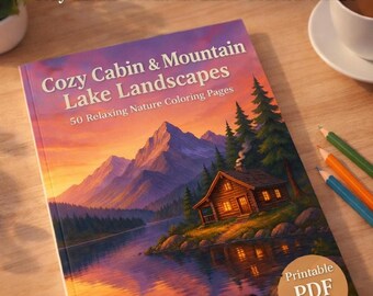 Cozy Cabin Mountain Lake Landscapes Coloring Book (Digital Download)