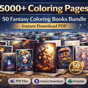 Paquete de libros para colorear de fantasía: 50 libros imprimibles, más de 5000 páginas (PDF, descarga instantánea)