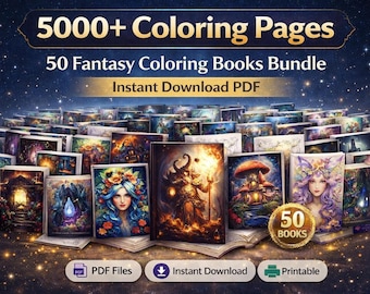 Fantasy Coloring Book Bundle, 50 Printable Books, 5000+ Pages PDF Instant Download