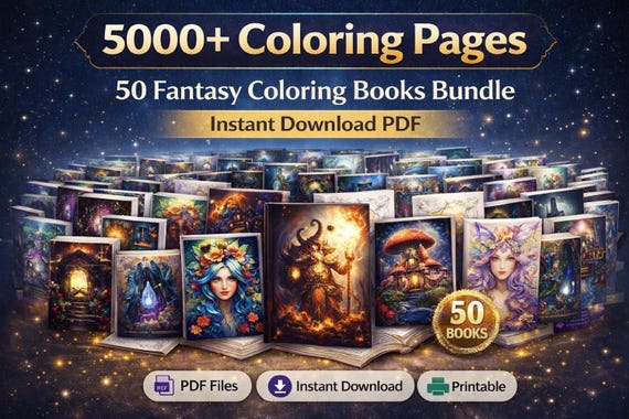 Fantasy Coloring Book Bundle, 50 Printable Books, 5000+ Pages PDF Instant Download