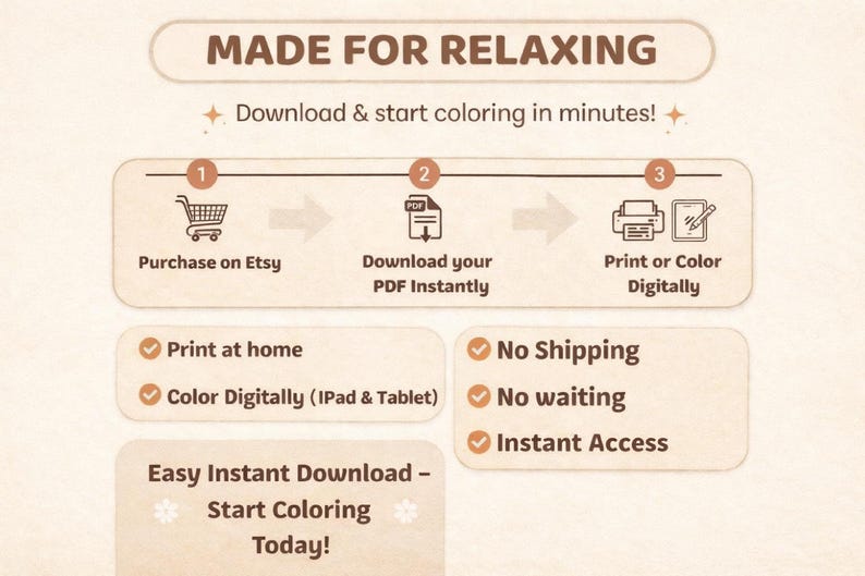 Fantasy Coloring Book Bundle infographic—purchase on Etsy, instant PDF download, print or color digitally.