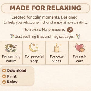 Fantasy Coloring Book Bundle promo: 'Made for Relaxing' card with icons for calming nature, sleep, cozy vibes; pdf printable.