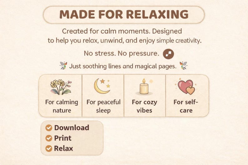 Fantasy Coloring Book Bundle promo: 'Made for Relaxing' card with icons for calming nature, sleep, cozy vibes; pdf printable.