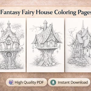 Fantasy Fairy House coloring pages: three grayscale house illustrations on panels for digital coloring; pdf bundle.