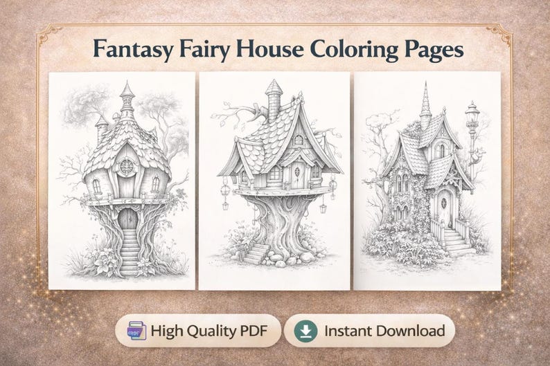 Fantasy Fairy House coloring pages: three grayscale house illustrations on panels for digital coloring; pdf bundle.