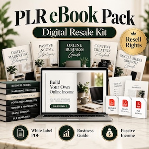 May include: A PLR eBook Pack digital resale kit featuring a laptop displaying Build Your Own Online Income, surrounded by various business guides, marketing strategy books, and social media templates with Resell Rights branding.