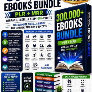 May include: A digital marketing graphic for a 300,000+ ebooks bundle with PLR and MRR rights. The image features a large blue box, a stack of colorful books, and icons representing business categories, with text promoting instant download and resale.