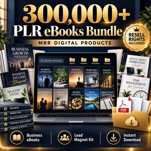 May include: A digital product bundle featuring 300,000+ PLR eBooks, MRR digital products, and a laptop displaying various categories like Business, Health, and Marketing. Includes a gold badge stating Resell Rights Included and a PDF icon.