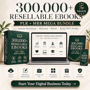 May include: A digital product bundle featuring a dark green box, a laptop, a tablet, and a smartphone, all displaying the text 300,000+ RESELLABLE EBOOKS PLR + MRR MEGA BUNDLE. The display includes icons for business, finance, and health categories.