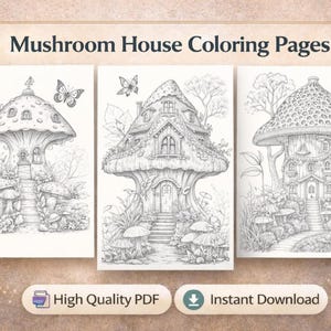 Three mushroom-house coloring pages with detailed line art for digital coloring; part of a PDF printable bundle.