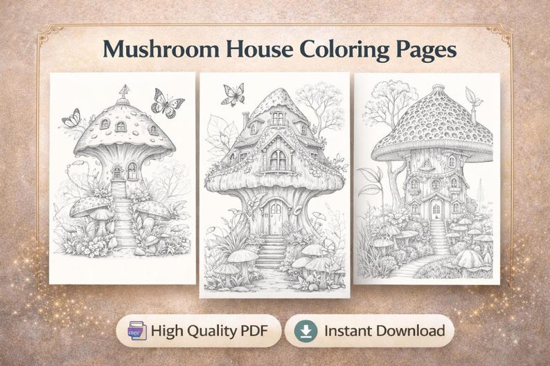 Three mushroom-house coloring pages with detailed line art for digital coloring; part of a PDF printable bundle.
