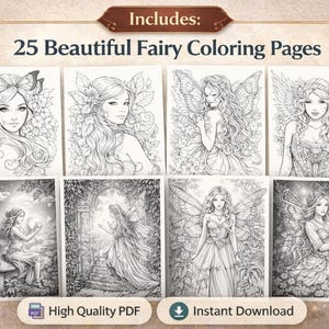 Fantasy coloring book bundle: 25 fairy coloring pages; grayscale, PDF printable with instant download for digital coloring.