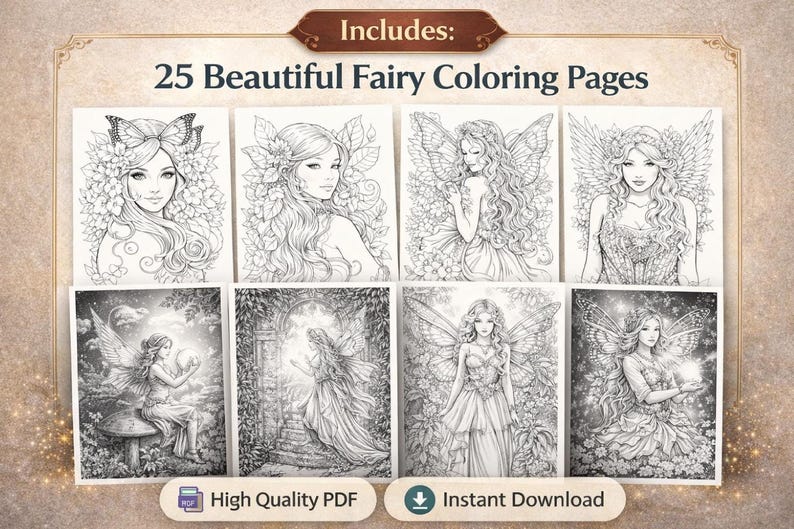 Fantasy coloring book bundle: 25 fairy coloring pages; grayscale, PDF printable with instant download for digital coloring.