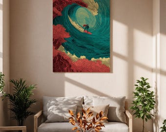 Surfer Wave Framed Canvas, Bold Coastal Wall Art