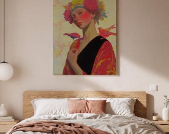 Ingelijst canvas bloemengodin, vrouwenportret met vogels, vrouwelijke muurkunst