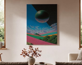Surreal Planet Landscape Framed Canvas, Sci-Fi Neon Art