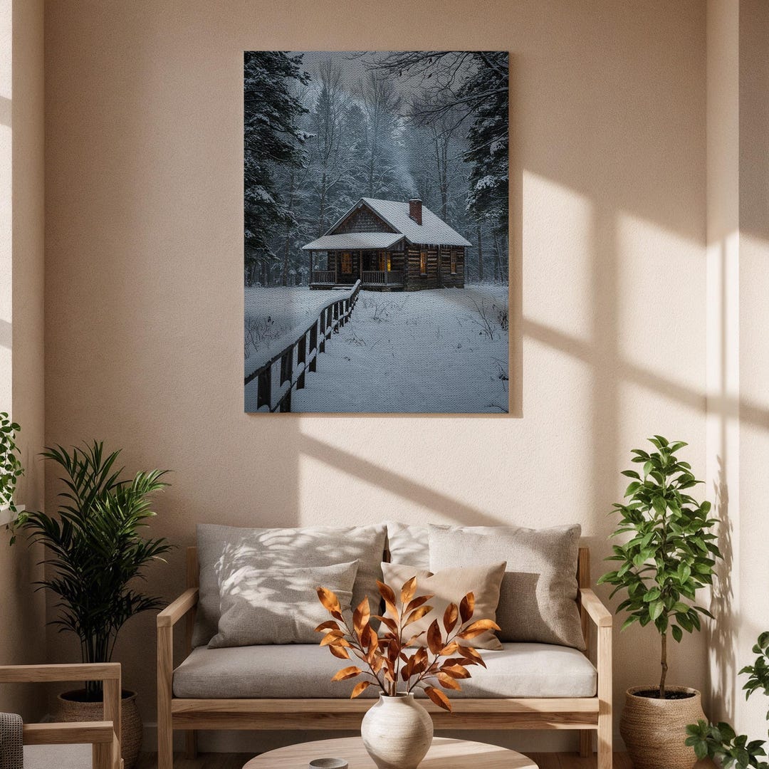 Winter Cabin Framed Canvas, Snowy Forest Wall Art, Rustic Home Decor - Etsy