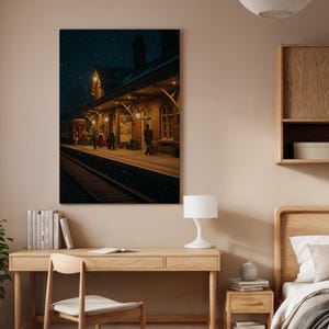 May include: A canvas print depicts a vintage train station at night, illuminated by warm lights. Snow falls gently as figures stand on the platform. The scene evokes a sense of nostalgia and travel, with a focus on the architecture and atmosphere.
