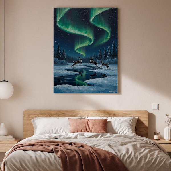 Aurora Borealis ingelijst canvas, rendier winterlandschap muurkunst