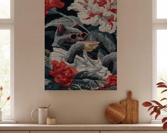 Avslappnad svart katt inramad canvas, retro blommig botanisk väggkonst