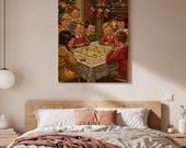 Family Game Night Framed Canvas, Cozy Christmas Gathering Wall Art Decor, Vintage Holiday Scene, Retro Christmas Home Canvas Decoration